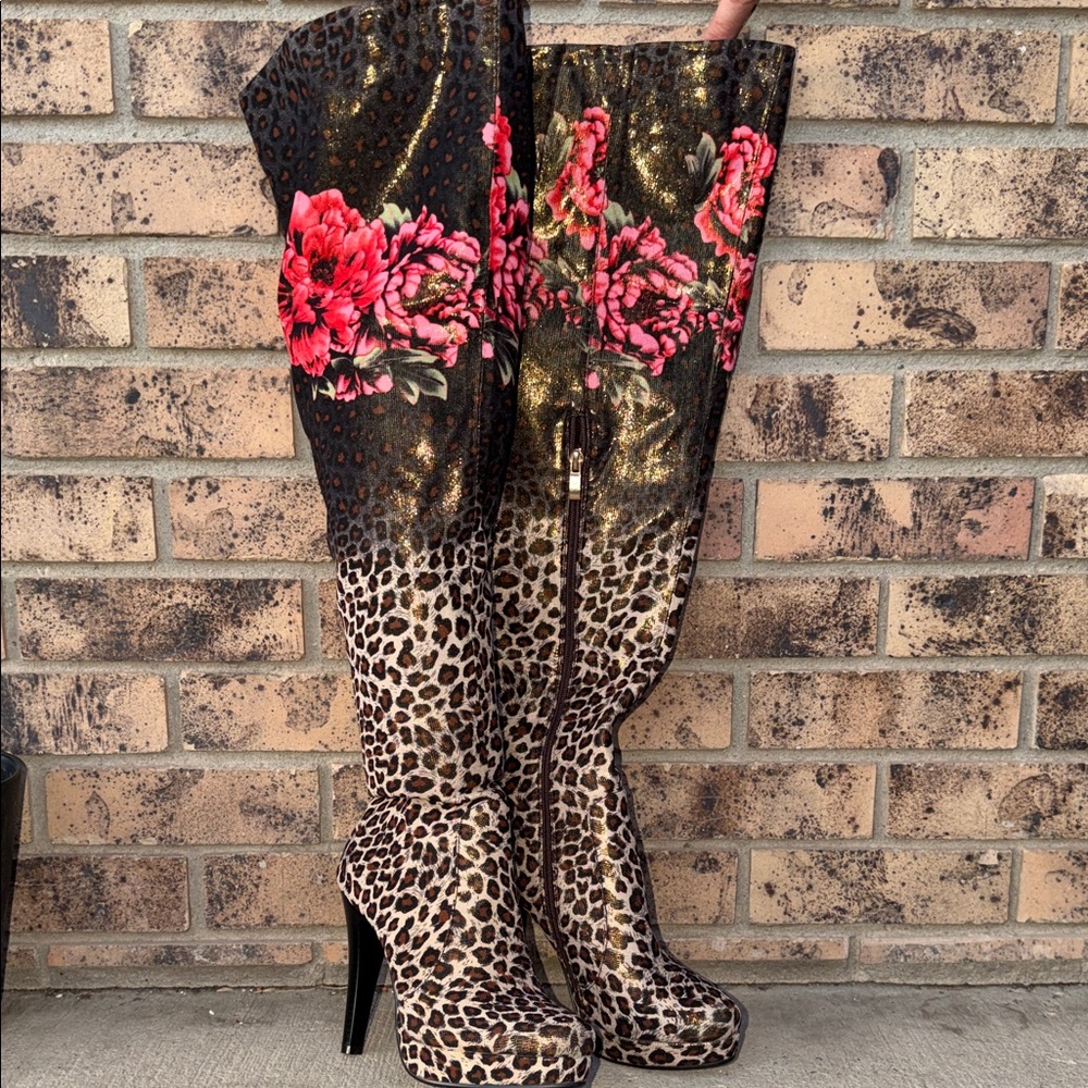 Midnight Velvet Leopard Over-the-Knee Boots with Pink Floral Accents